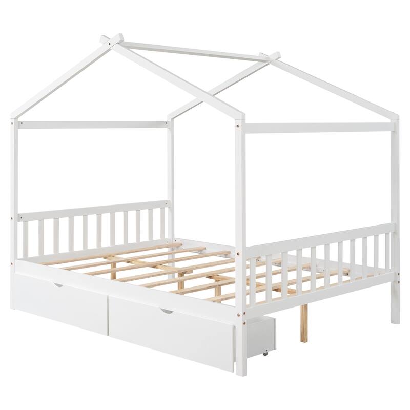Full Size House Platform Bed with Storage Drawers, Roof, Headboard and Footboard