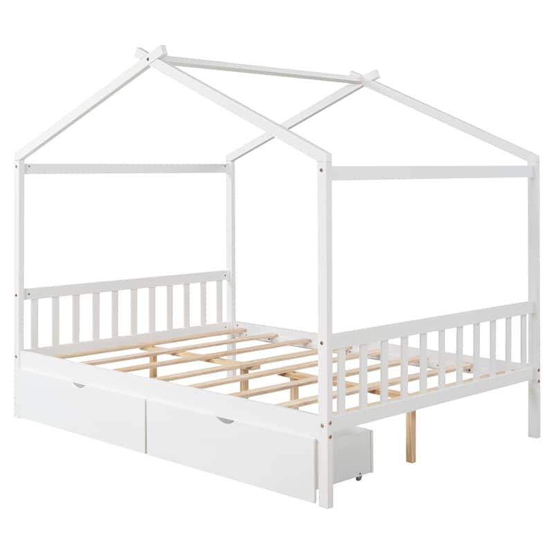 Natural Wood Full Size House Bed with Storage Drawers and Headboard for Kids