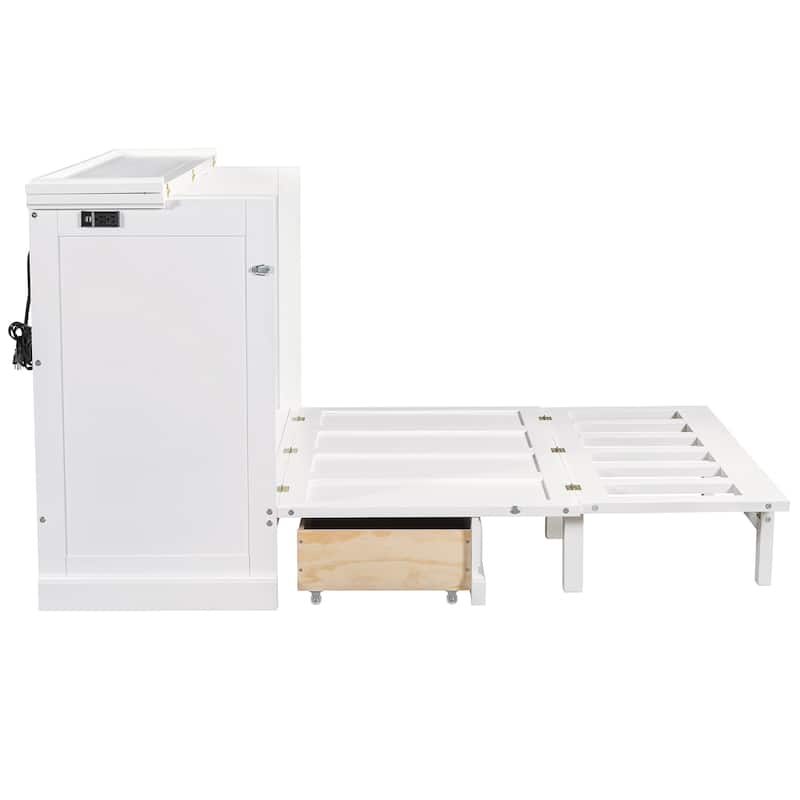White Full Size Solid Pine Murphy Bed with Charging Station and Large Storage Drawer for Home Office or Small Room