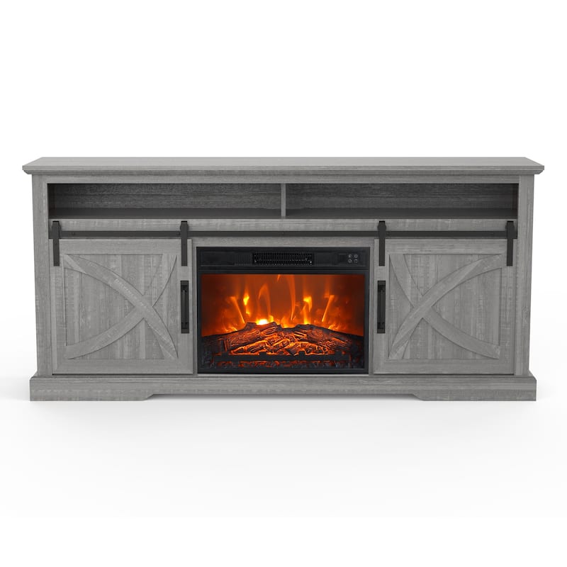 68" Farmhouse Sliding Barn Door Fireplace TV Stands Console Table with 23" Electric Fireplace