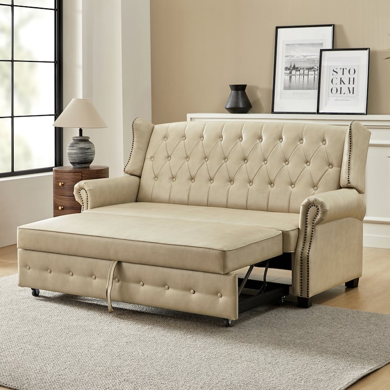 Ruedi Transitional 73.6" Vegan Leather Sofa Bed with Tufted Back and Nailhead by HULALA HOME