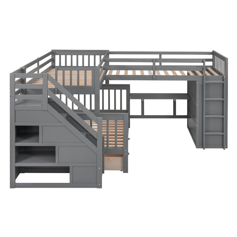 L-Shaped Bunk Bed, Twin-Twin Over Full Wood Bed with Wardrobe, Foldable Desk, Drawers and Shelves