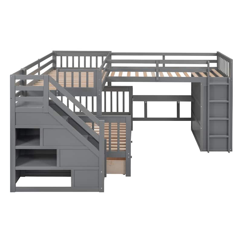 L-Shaped Twin-Twin Over Full Bunk Bed with Drawers, Desk, and Wardrobe in Gray