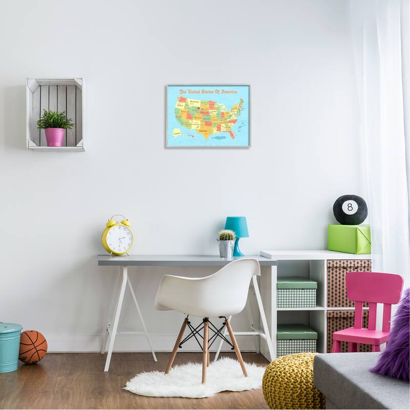 Stupell United States of America USA Kids Map Grey Framed, 16 x 20, Design By Artist Daphne Polselli - 16 x 20