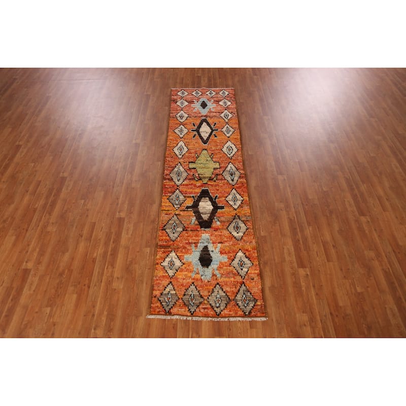 Geometric Orange Moroccan Oriental Runner Rug Handmade Wool Carpet - 2'9" x 9'9"