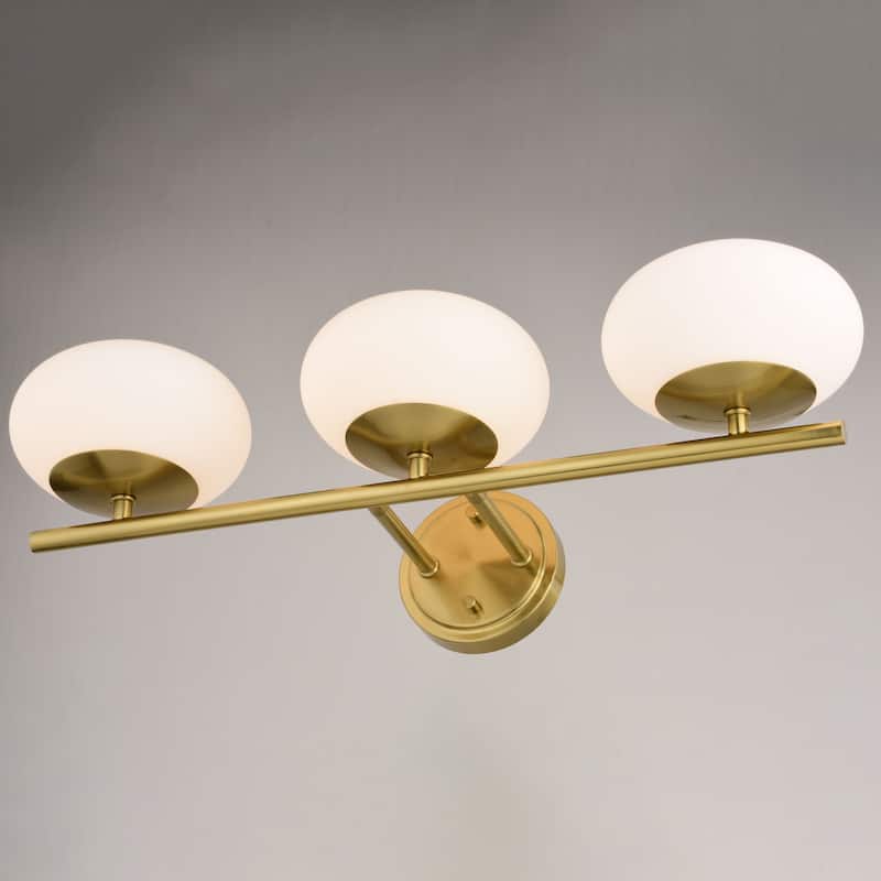 Sloane LED Gold Satin Brass Mid-Century Modern Bathroom Vanity Wall Fixture with White Glass Globes