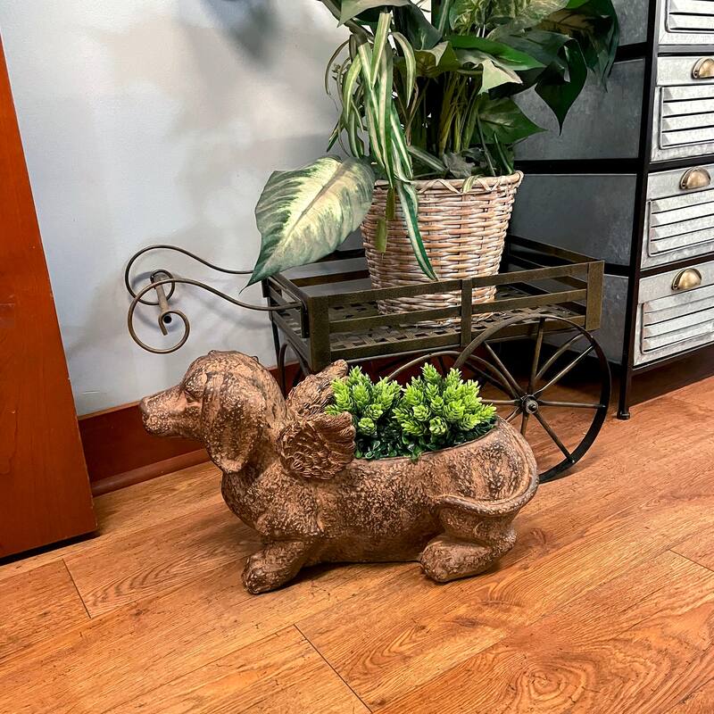 Flying Wiener Dog Planter 18" Brown, With Drain Hole, Rustic Garden - 11 X 18 X 7 inches