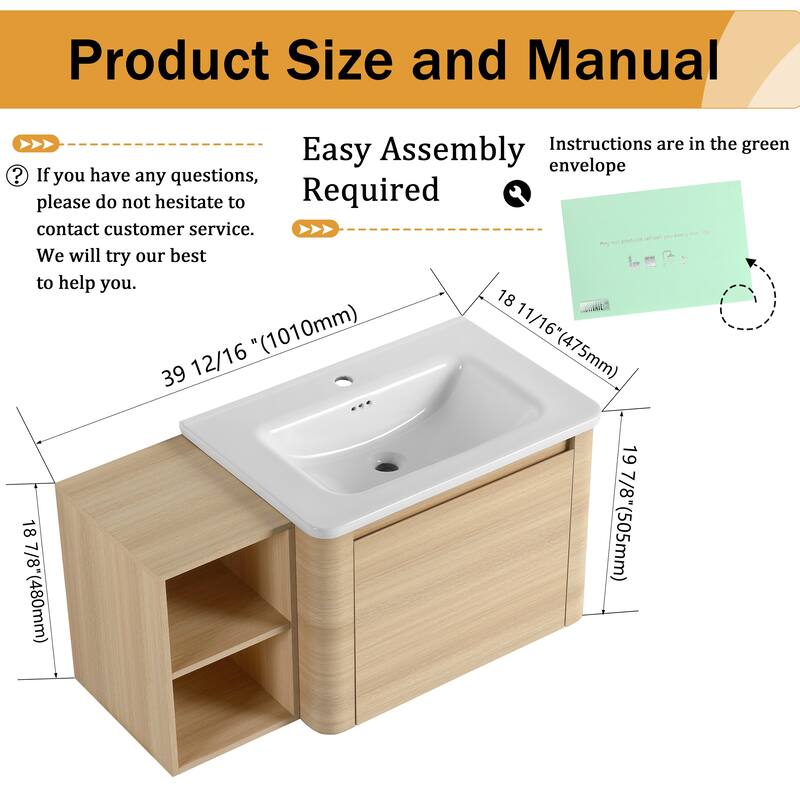 Malwee 28"/40"/52"/68" Floating Bathroom Vanity, Wall Mounted Bathroom Vanity with Ceramic Sink,Soft Close Door and Shelf