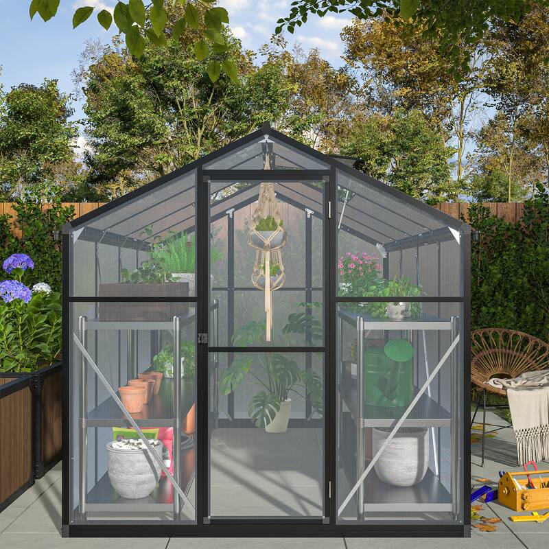 6x8 FT Greenhouse, Polycarbonate Greenhouse with Quick Setup Structure and Roof Vent, Aluminum Large Walk-in Greenhouse