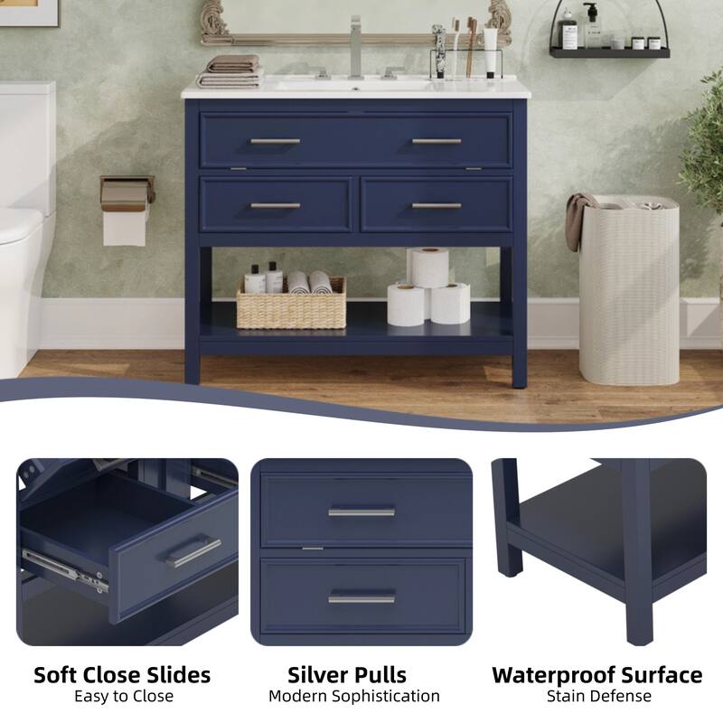 36" Bathroom Vanity with Ceramic Sink, Tip-Out Tray, Full-Extension Drawers, Soft-Close Slides, and Open Shelf