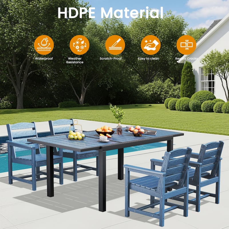 5-Piece HDPE Outdoor Extendable Dining Set with 4 Chairs – All-Weather Patio Furniture - N/A