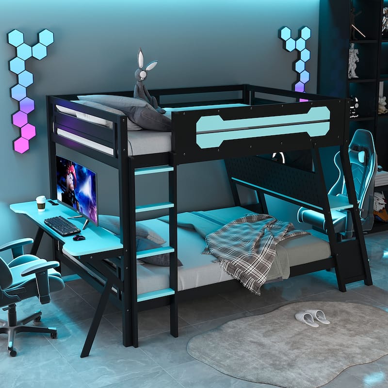 Full Size Bunk Bed with Two Built-In Gaming Desks, USB Desktop Ports & Pegboard Organizer, Gaming Bunk Frame - Blue
