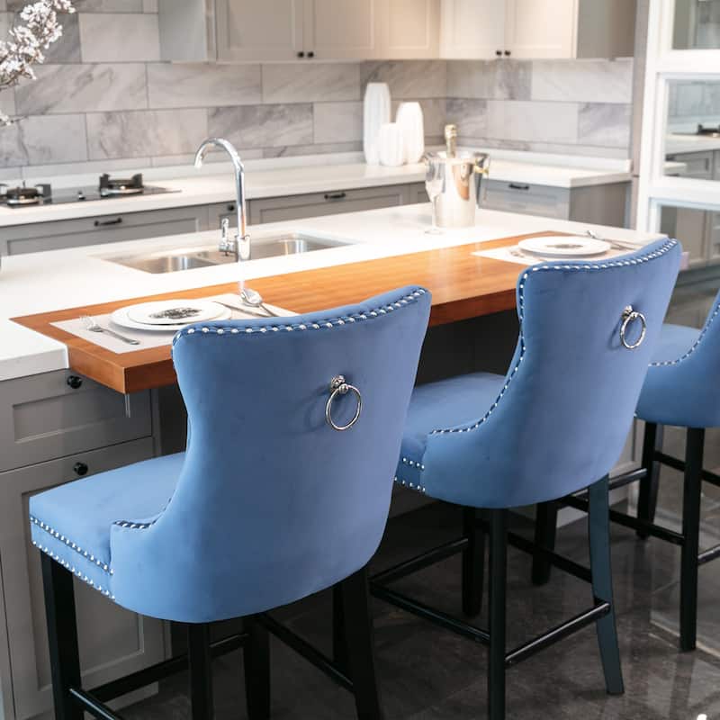 Velvet Bar Chairs Set of 2, Counter Height Bar Stools with Button Decor and Nailhead Trim, Dining Room Chairs with Back