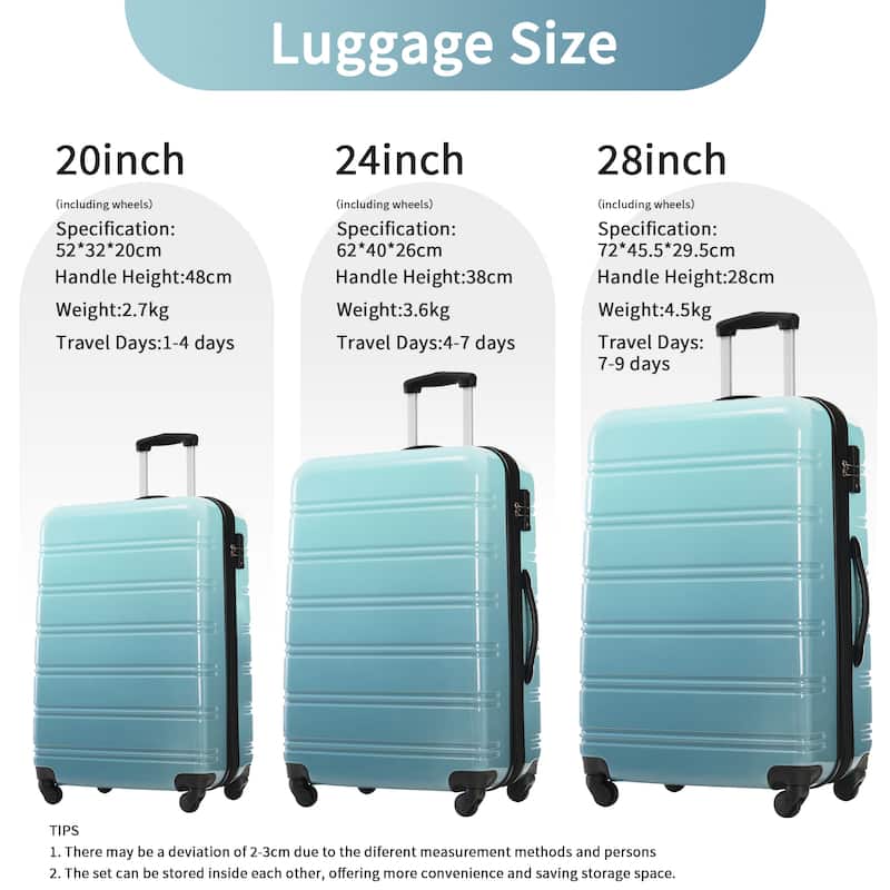 Classic 3 Piece Luggage Set with TSA Lock, ABS Durable Lightweight Suitcase with Spinner Wheels, Hardshell Carry-On Luggage