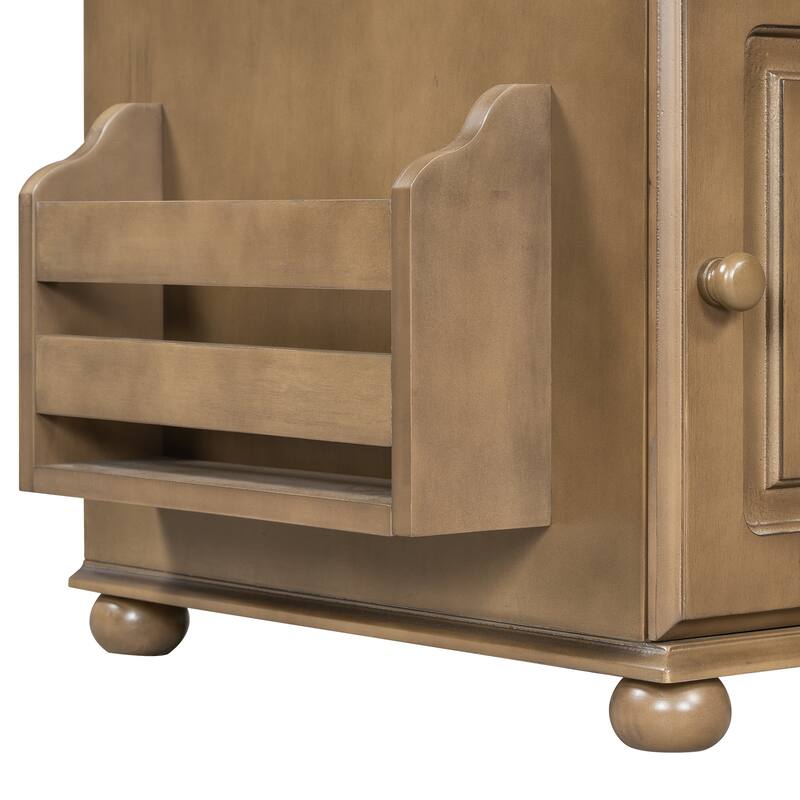Vintage End Table Flip Top Side Table with USB Ports, One Multifunctional Drawer with cup holders, Sofa Couch Table w/ Bookshelf