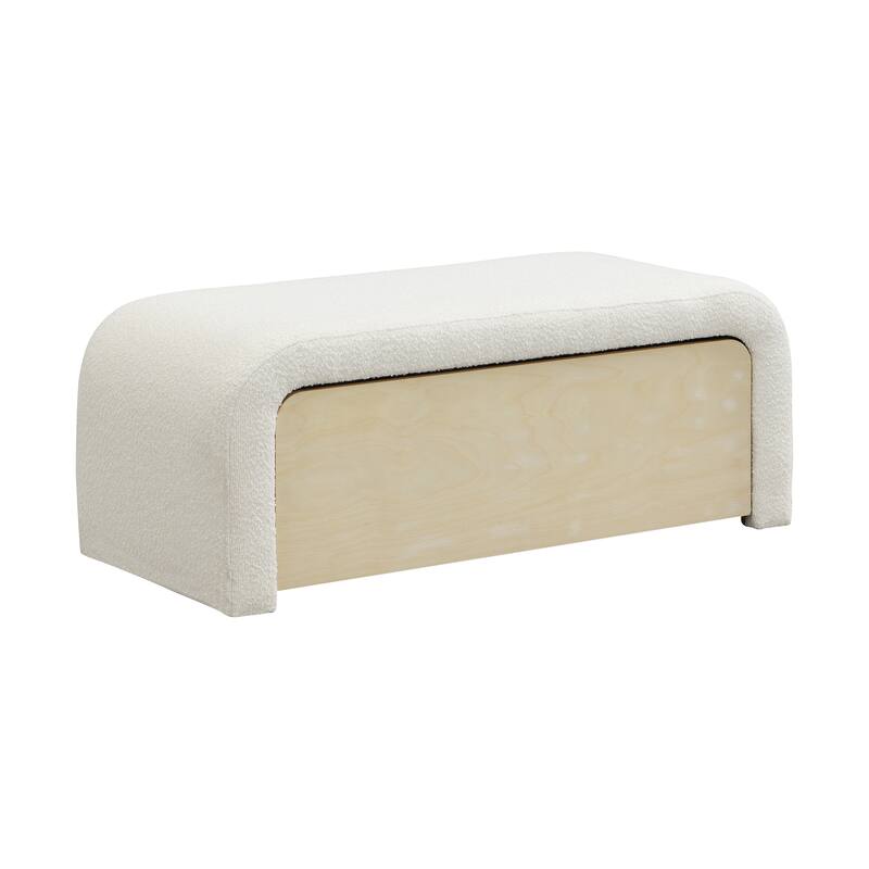 Roomfitters Upholstered Storage Ottoman with Drawer and Rounded Corners, Modern Entryway Bench, White