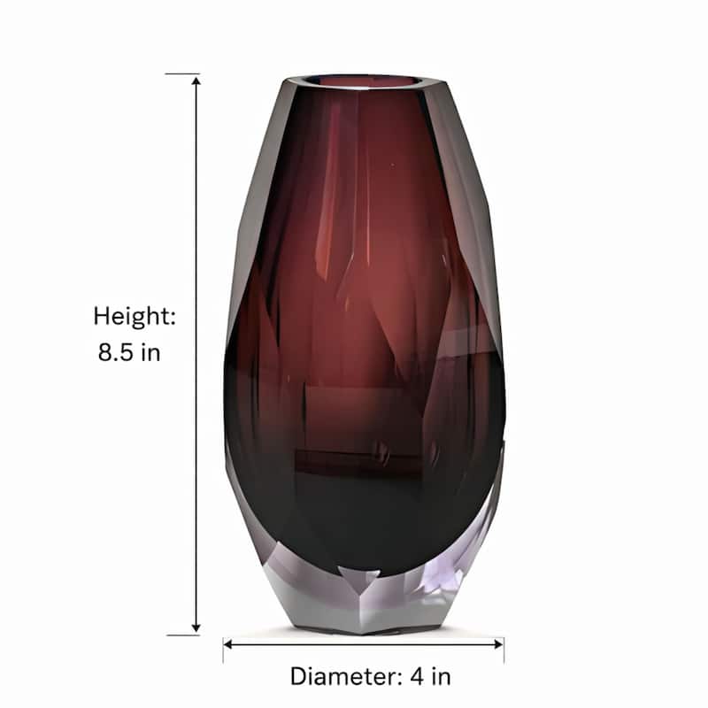 Elegant Plum Cut Glass Vase with Faceted Base Modern Decor Accent Art