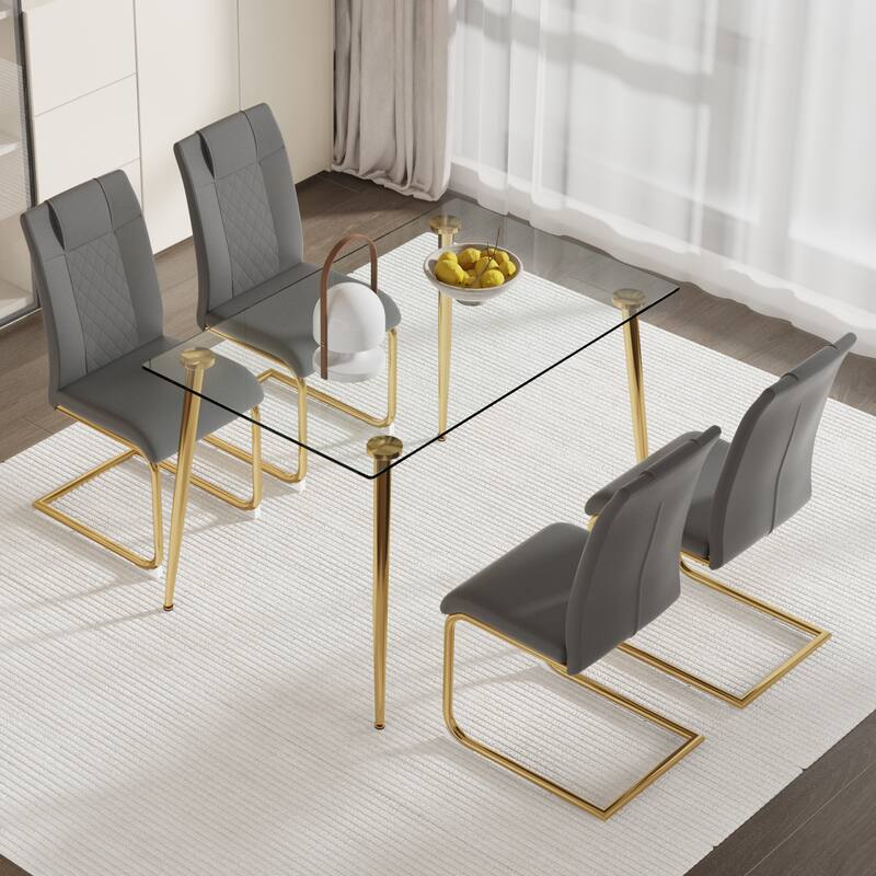 Rectangular Dining Table Set 4 Chairs Tempered Glass Top Gold Metal Legs Modern