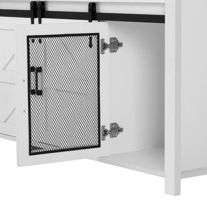 Buffet Cabinet with Sliding Barn Door and Mesh Panels, Open Storage