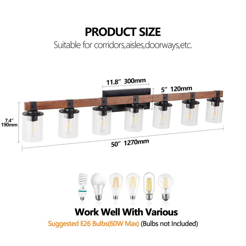 50" Rustic 7-Light Vanity Light, Industrial Bathroom Wall Sconce with Glass Shades and Wood Accent(No Bulbs) - Walnut