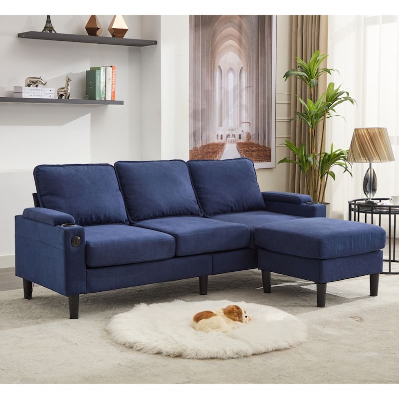 L-Shaped Fabric Sectional Sofa with Storage Ottoman and USB Port - Blue