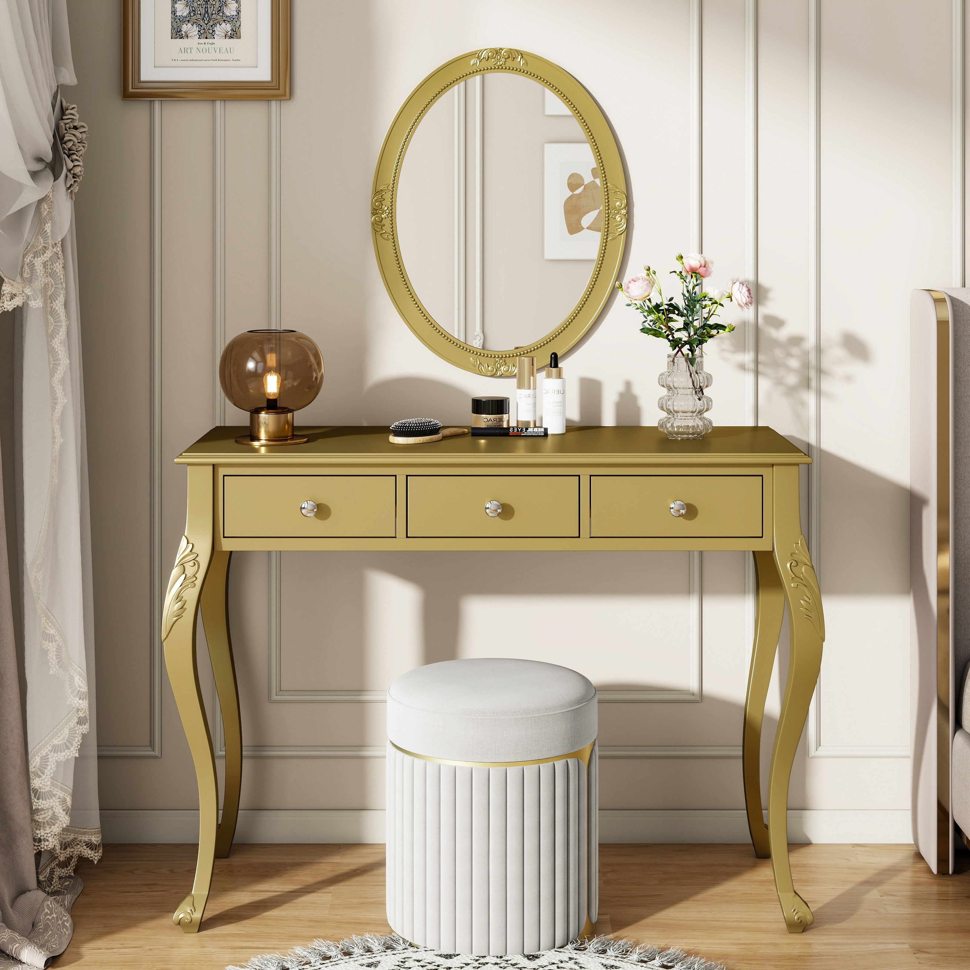 gold dressing table accessories Makeup Vanity Desk With Oval Mirror, 3-Drawer For Jewelry Storage, Elegant Console Table, Stylish Home Decor - Bed Bath & Beyond One Shoulder