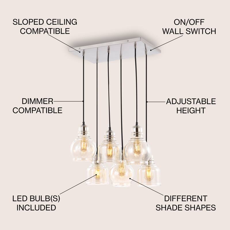 Cooper 18.88" 6-Light Bohemian Farmhouse Iron/Glass Cluster LED Pendant, Nickel/Champagne by JONATHAN Y