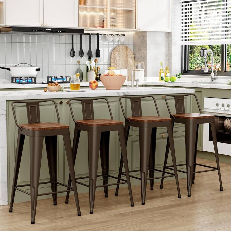 Counter Stools with Metal Frame Counter Height Bar stools with Low Back 24" Kitchen Bar Furniture Stools with Wooden Seat