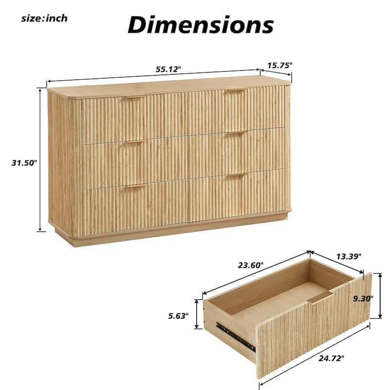6 Drawers Dresser,55" Wide Modern Chest of Drawers Curved wave Design,Dresser TV Stand, Wood Drawer Organizer