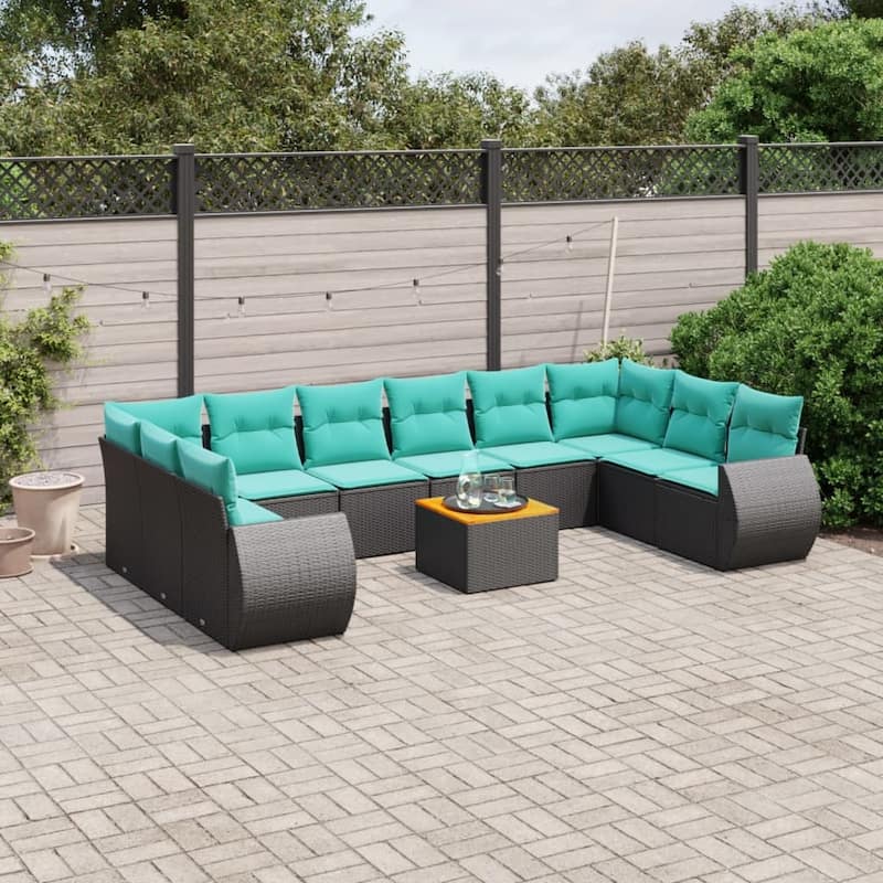 vidaXL Patio Sofa Set with Cushions Outdoor Furniture 11 Piece Poly Rattan - 24.4x 24.4x 27.2 - Black-2x corner+6x middle+2x Sofa+Table