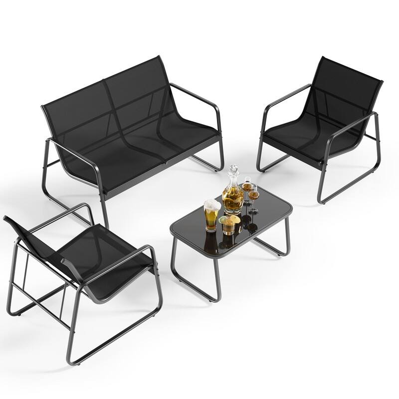 Outdoor 4 Piece Patio Conversation Set, Bistro Table and Chair Set with Chaise Lounge and 2 Single Chairs
