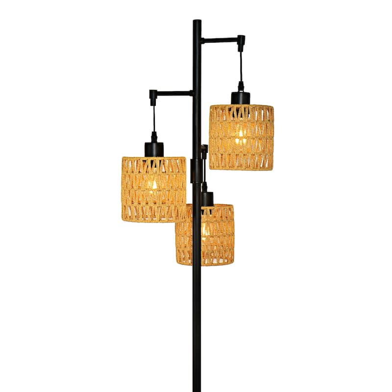 Boho 3-Light Tree Floor Lamp With Rattan Drum Shades
