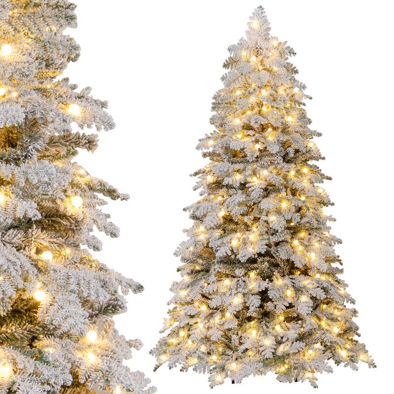Gymax Pre-Lit Artificial Christmas Tree Hinged Snow Flocked Xmas Tree