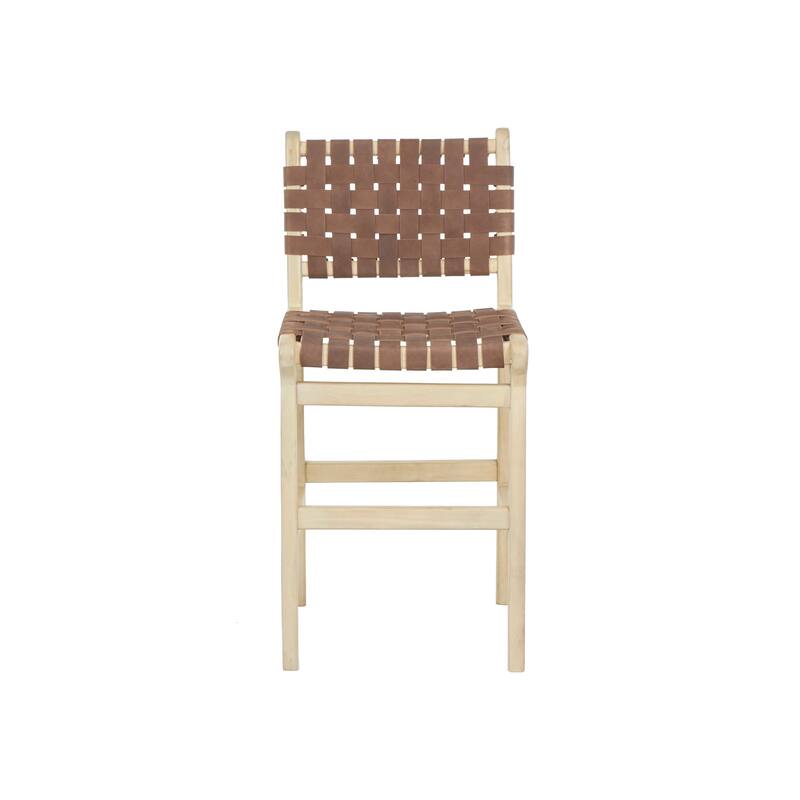 Brown Mango Wood Handmade Woven Bar Stool with Light Brown Wood Frame with Backrest and Footrest