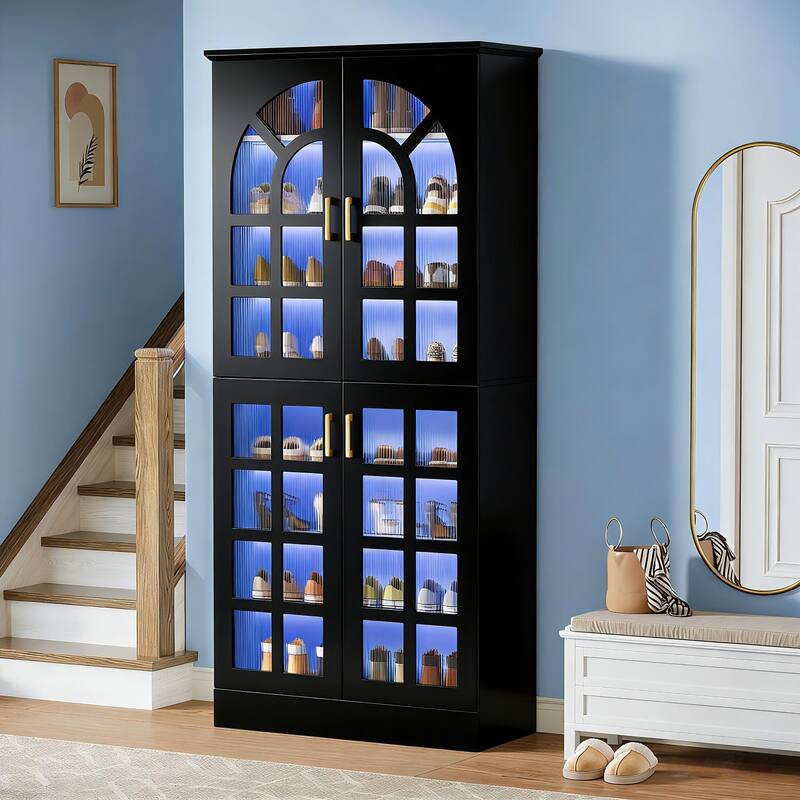 35 Pairs Tall Shoe Storage Cabinet with Doors, 8 Tiers Shoe Rack Organizer with LED Light and Adjustable Shelves for Entryway