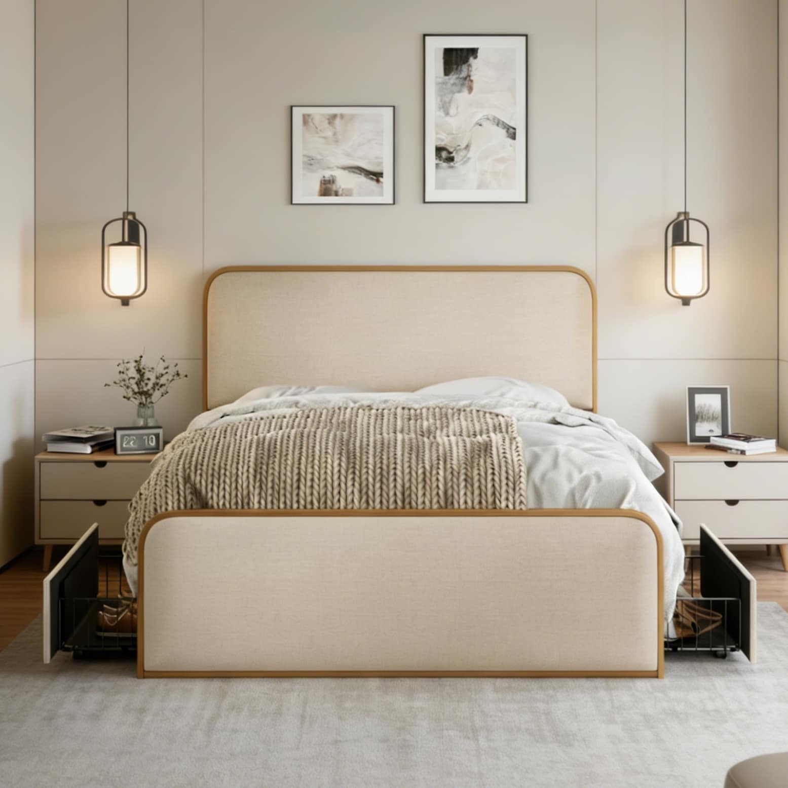 Modern Metal Storage Bed Frame with Upholstered Headboard, 4 Drawers