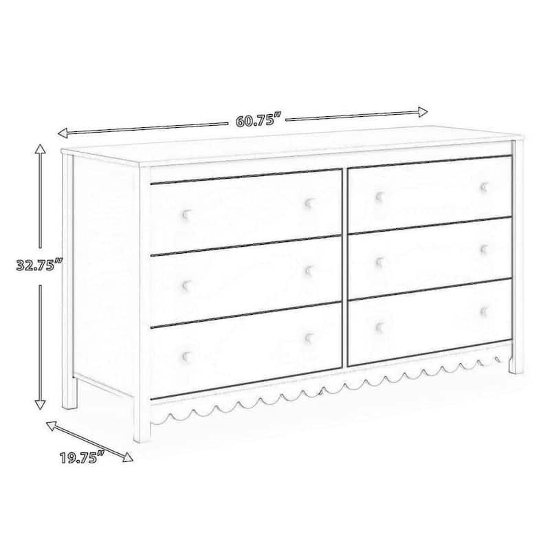 Kally Wide Dresser, 6 Drawers, Modern Matte White Wood Finish, 61 Inch