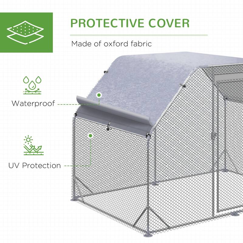 PawHut Large Chicken Coop Metal Chicken Run with Waterproof and Anti-UV Cover, Flat Shaped Walk in Fence Cage Hen House