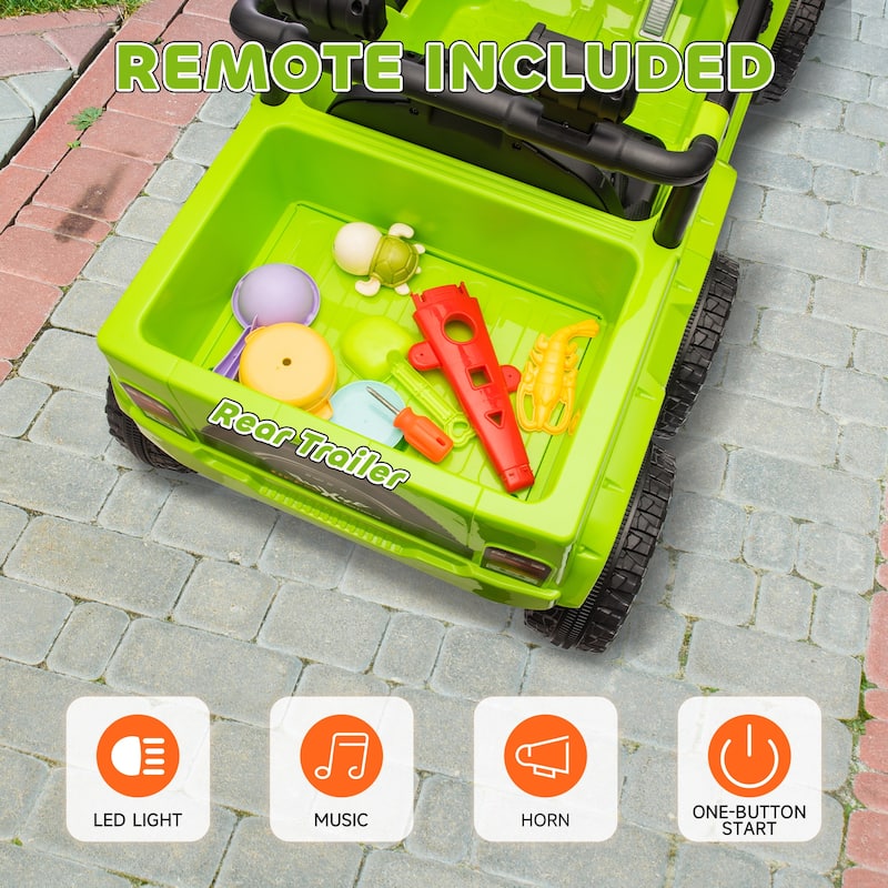 Children's Electric Car Ride-On Car with Parent Remote Control, Green Engineering Car Electric Vehicle with Trailer