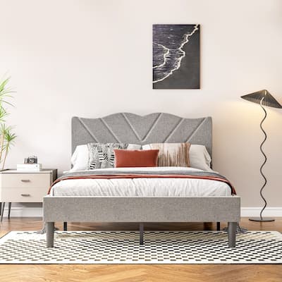 Full Size Modern Platform Bed Frame with Upholstered Headboard & Wooden Slats - No Box Spring Needed, Easy Assembly, Grey