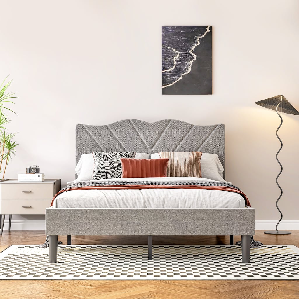 Full Size Modern Platform Bed Frame with Upholstered Headboard & Wooden Slats - No Box Spring Needed, Easy Assembly, Grey