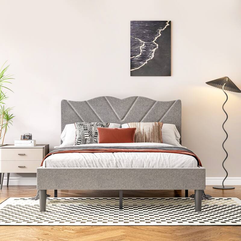 Upholstered Platform Bed, Twin Size, Grey with Padded Headboard & Heavy-Duty Metal Frame
