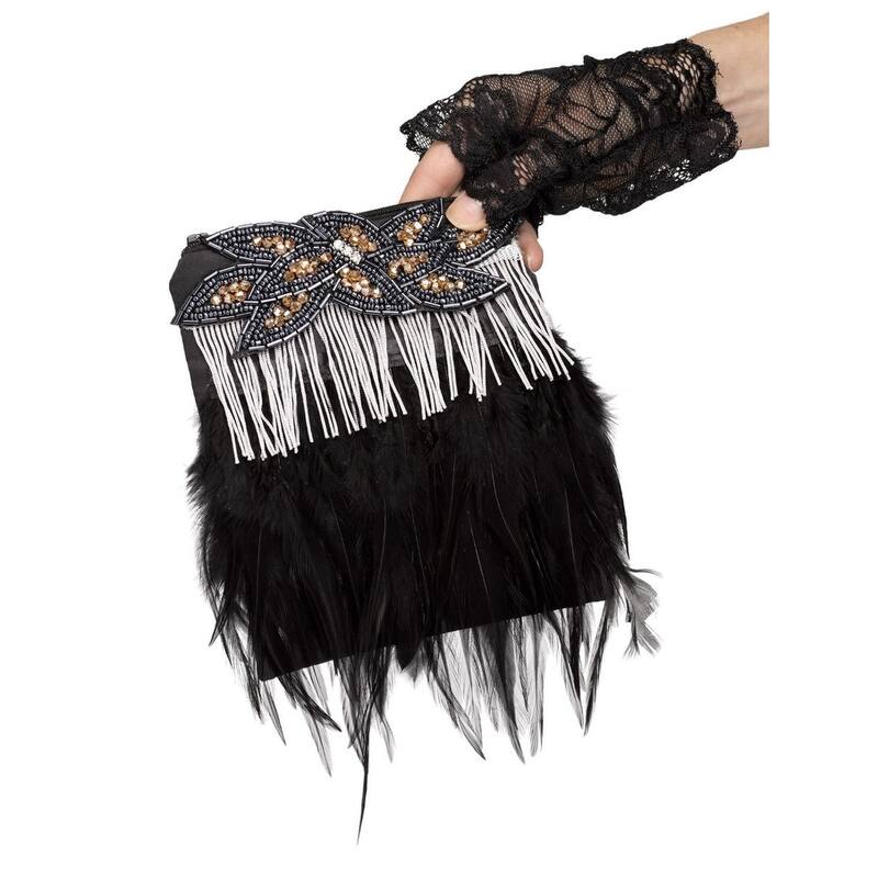 Black & Gray Flapper Women Adult Halloween Purse Fringe Feather G Prop