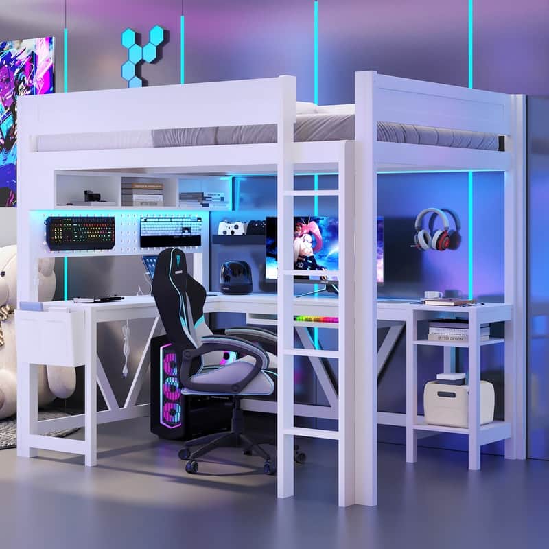 Wood Full Size Gaming Loft Bed with Desk, Storage Shelves, LED and Charging Station - White