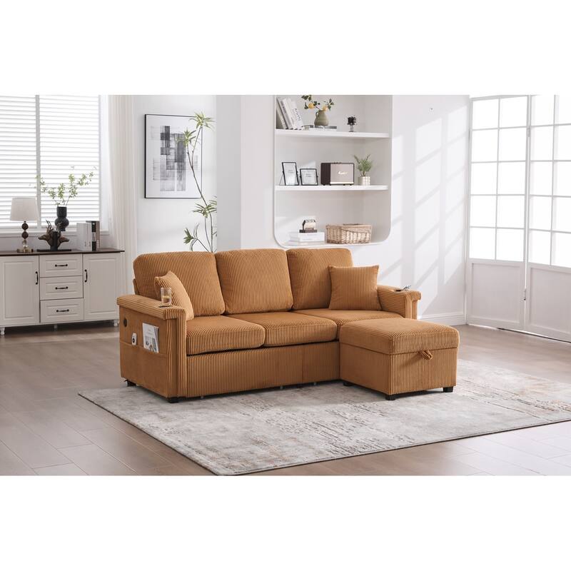 L-Shaped Sectional Sofa with Pull-Out Storage,Ottoman & Pillows 3-Seat with USB Charging,Cup Holder, Convertible Design