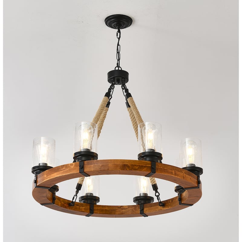 8 Light Rustic Wagon Wheel Chandelier,Wooden Pendant with Seeded Glass Shade,NO INCLUDED BULBS