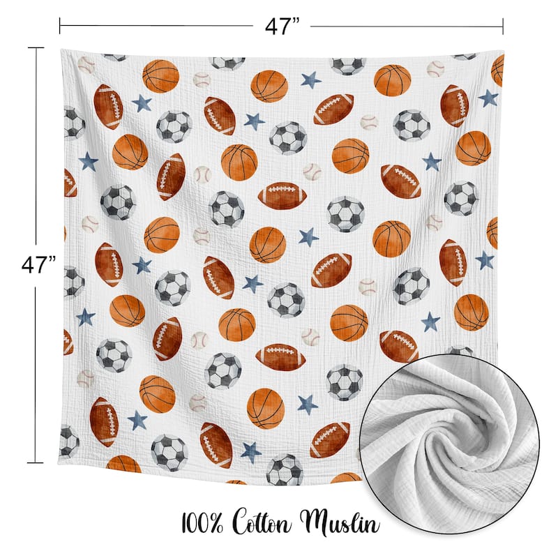 Sweet Jojo Designs Sports Theme Boy 2 Pack 100% Cotton Muslin Baby Swaddle Receiving Blankets - Solid Blue, Vintage Sport Themed