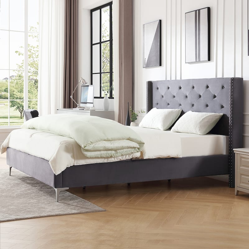 California King Velvet Upholstered Platform Bed Frame