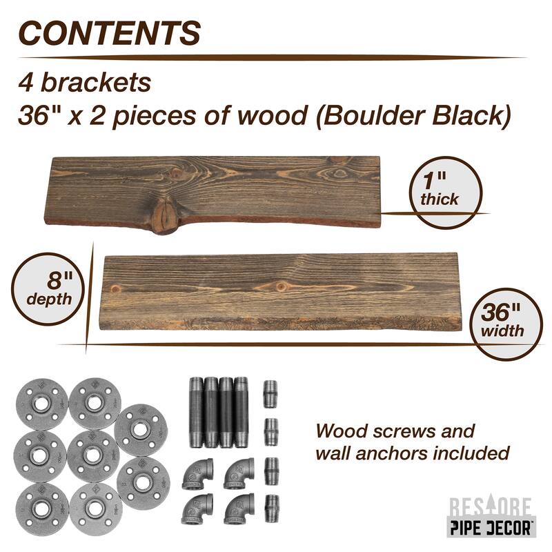 PIPE DECOR Live Edge Reclaimed Wood Shelf with Industrial Pipe Brackets, Set of 2