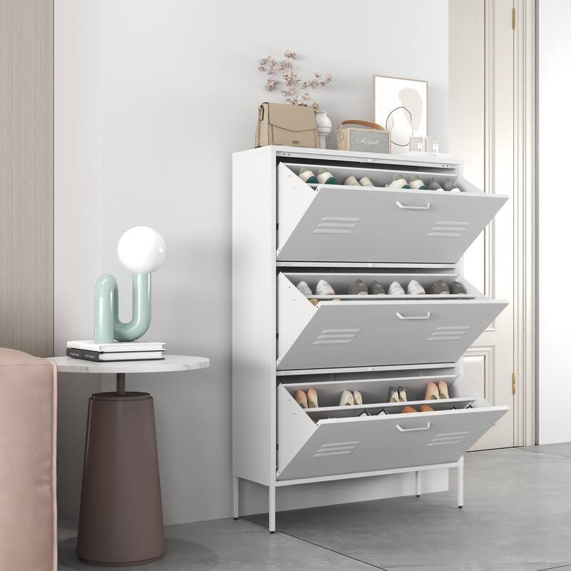 Shoe Cabinet with 3 Flip Drawers, Hidden Slim Steel Shoe Storage Cabinet, Narrow Shoe Rack Cabinet with Metal Legs